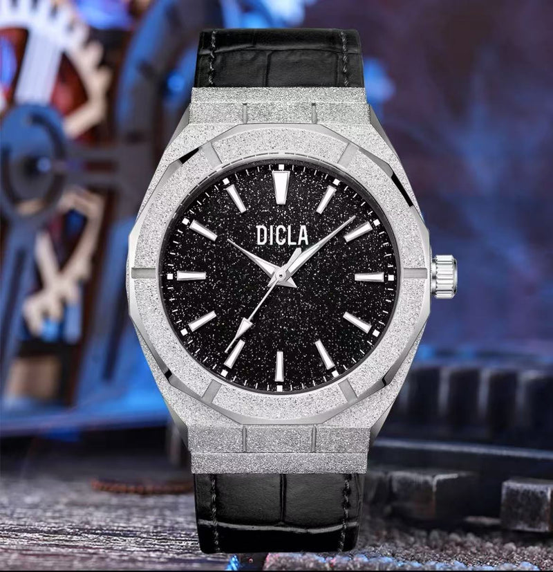 dicla starry sky leather watch silver case black dial luxury fashion watch mechanical background