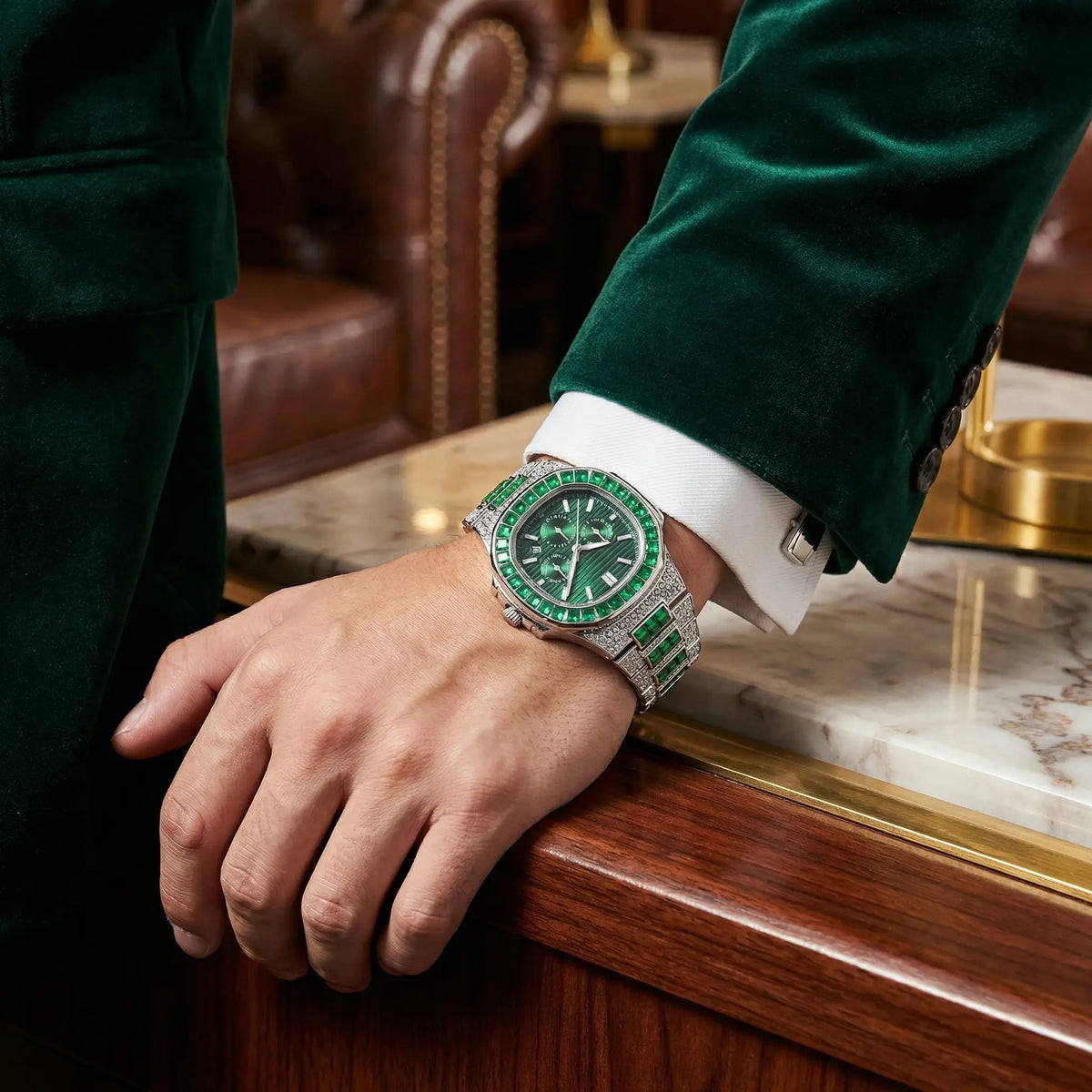 green gemstone iced out watch worn on wrist ICEGANG luxury nautilus diamond watch