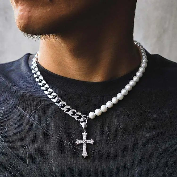 Men's Stainless Steel Freshwater Pearl Rhinestone Cross Pendant Chain - icegang.us