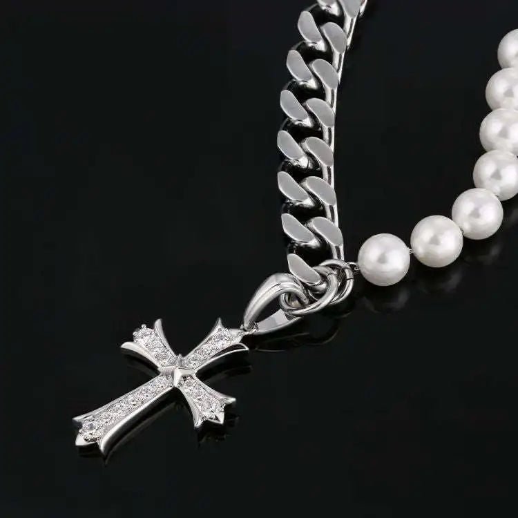 Men's Stainless Steel Freshwater Pearl Rhinestone Cross Pendant Chain - icegang.us