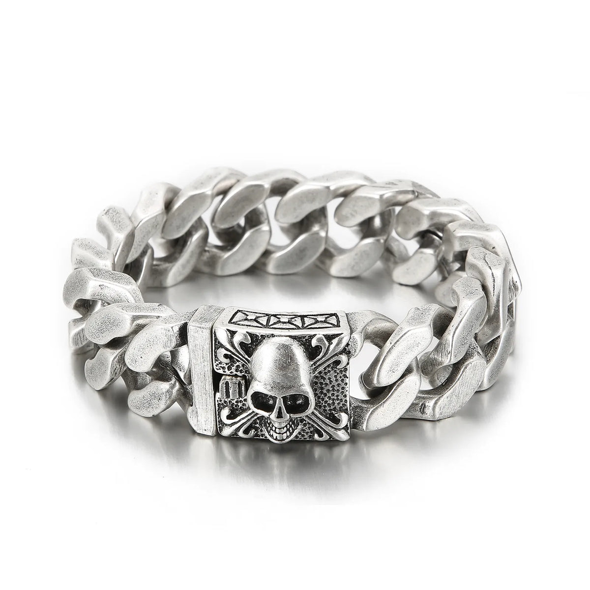 silver cuban link skull bracelet 20mm chunky hip hop jewelry white background