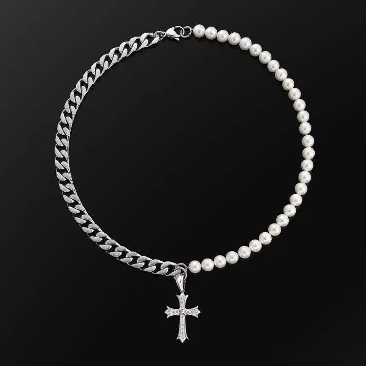 Men's Stainless Steel Freshwater Pearl Rhinestone Cross Pendant Chain - icegang.us