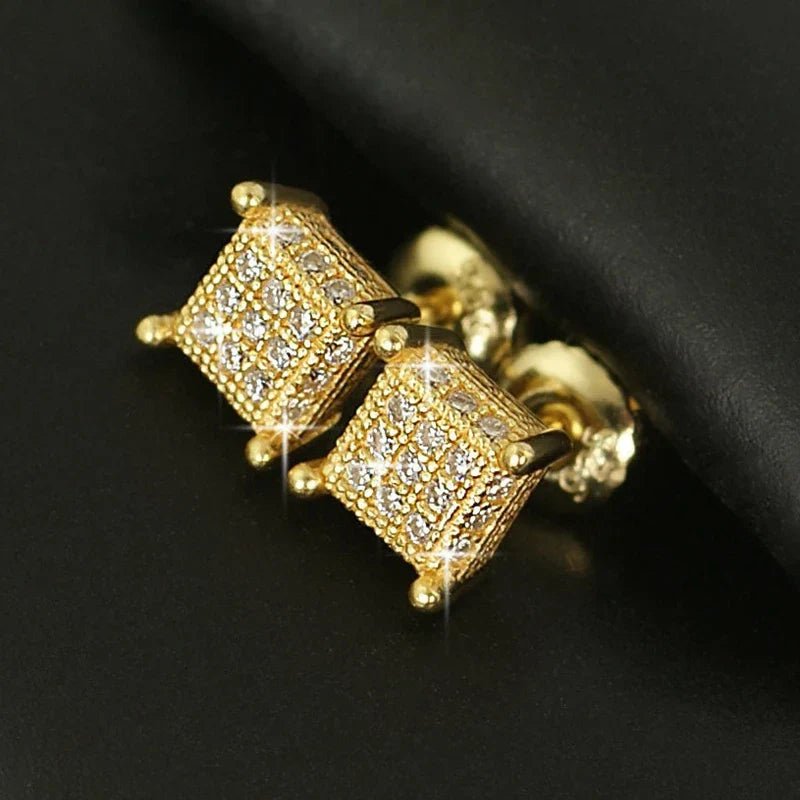 Men's Gold Moissanite 3D Cube Box Stud Earrings - icegang.us