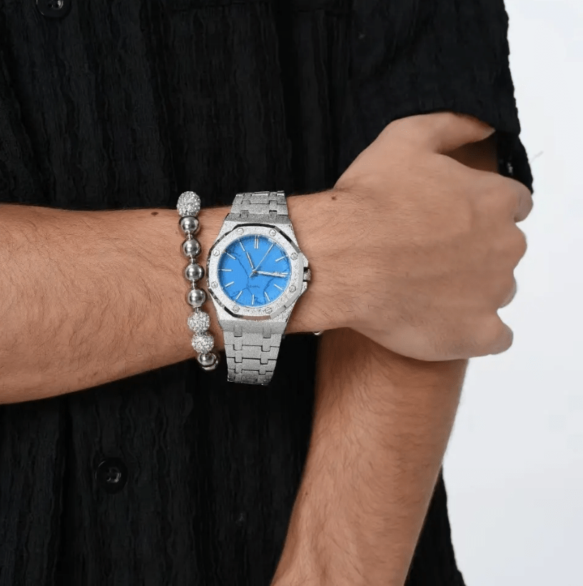 icegang turquoise dial watch worn on wrist silver waffle luxury timepiece