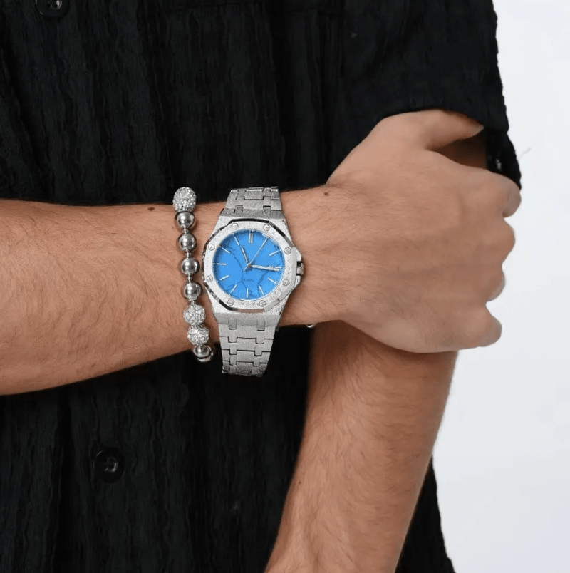 icegang turquoise dial watch worn on wrist silver waffle luxury timepiece